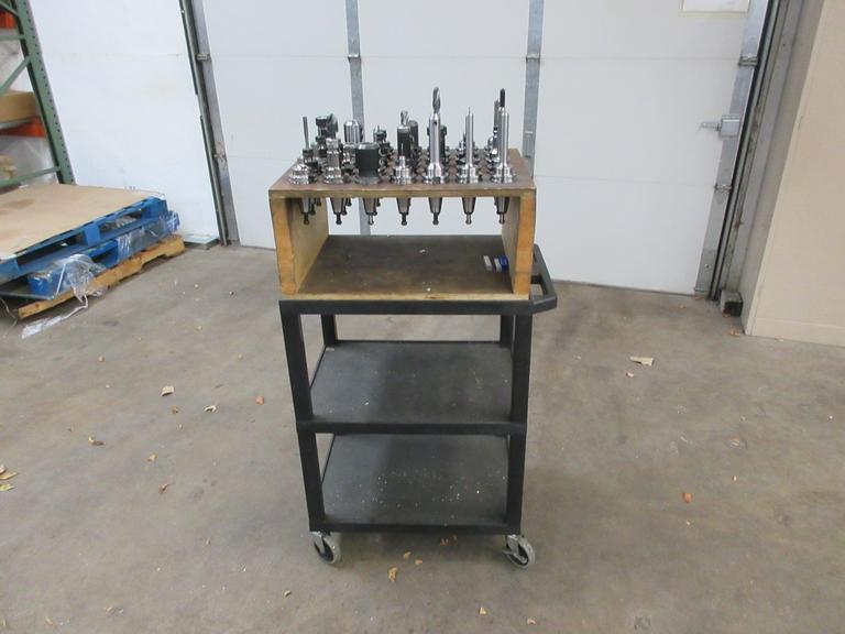 CAT40 Tool Holders (35) Assorted in Wood Rack Mounted on Uline 3 Shelf Rolling Plastic Cart- Auction Item