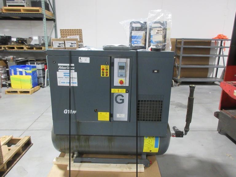 Atlas Copco G11FF 15Hp Rotary Screw Air Compressor W/ Dryer, 120 Gal Air Tank 125 PSI & Spare Parts- Auction Item
