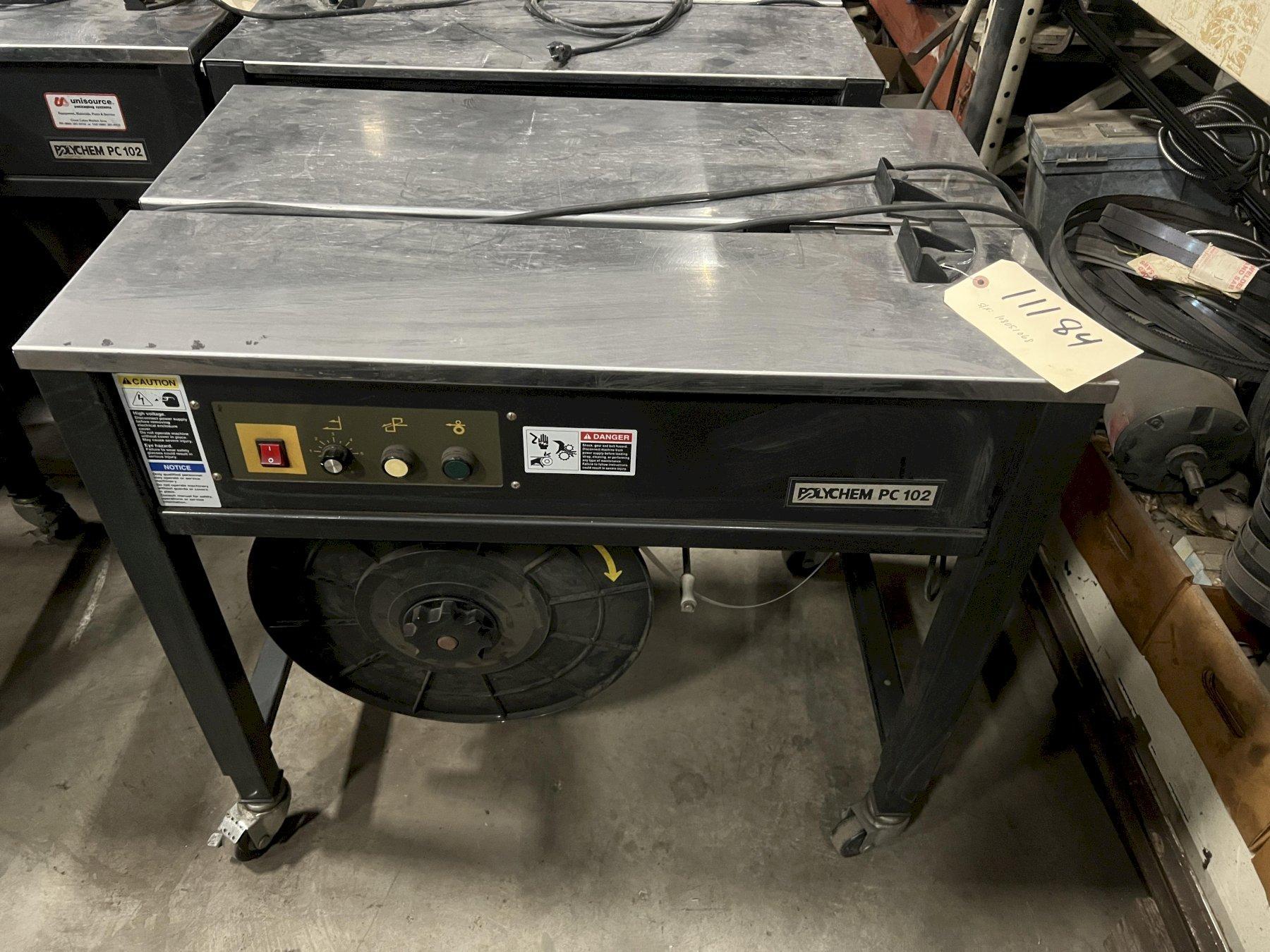POLYCHEM PC 102 SEMI AUTOMATIC STRAPPING MACHINE, 1/4", 3/8", 1/2", 5/8" POLYPROPYLENE - 8" to 11" DIAMETER ROLLS