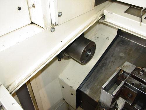 Wasino SG-5 CNC Gang Style, Fanuc 0TC CNC Control, 9" Swing, Collet Chuck, S. Robo-O Integrated Gantry Robot, Low Hours, 1999.