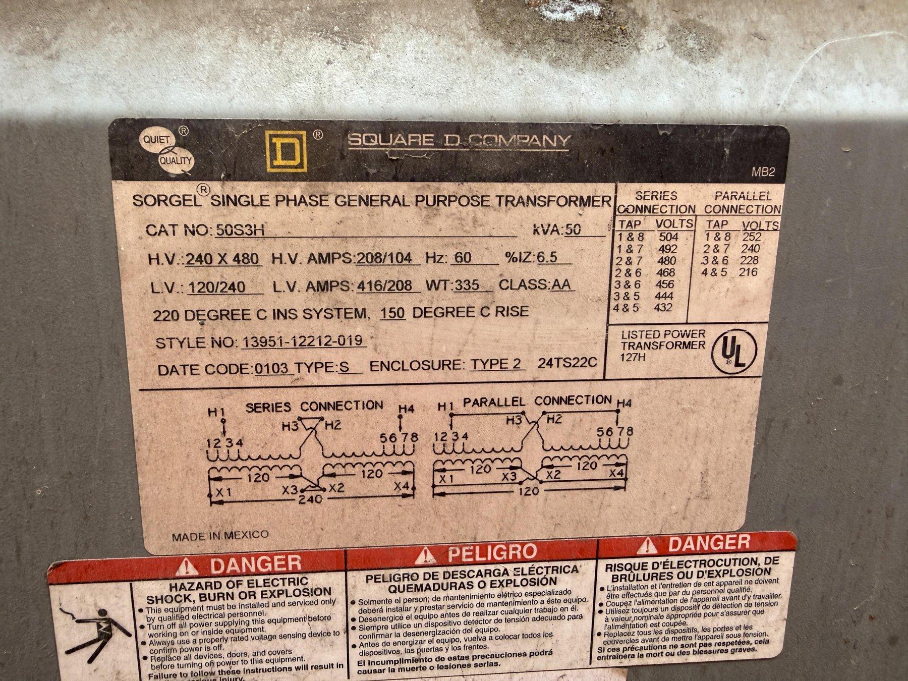 50 KVA SQUARE D 240/480 VOLT TRANSFORMER: YOBRO #25435