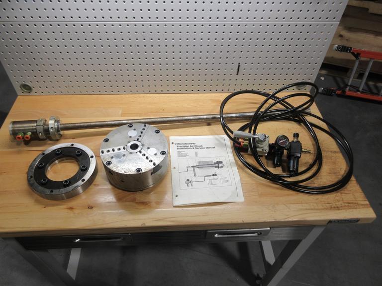 MicroCentric 8" Precision 3-Jaw Air Chuck with Drawtube, Pneumatic Valve, and A2-6 Adapter Plate- Auction Item