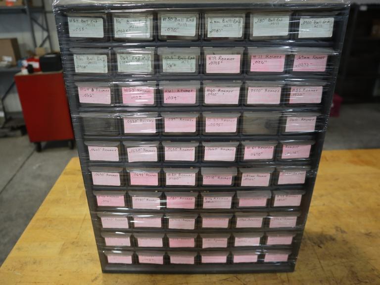 Multi-Bin Cabinet with Ball End Mills and Reamers (Small Reamers)- Auction Item