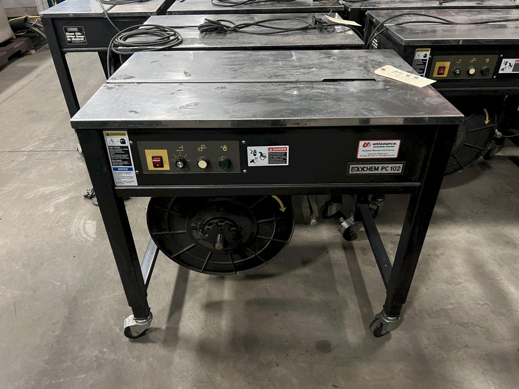 POLYCHEM PC 102 SEMI AUTOMATIC STRAPPING MACHINE, 1/4", 3/8", 1/2", 5/8" POLYPROPYLENE - 8" to 11" DIAMETER ROLLS