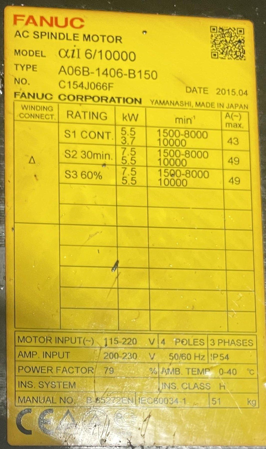 FANUC A06B-1406-B150 AC SPINDLE MOTOR, Model AiL 6/10000, New 2015.