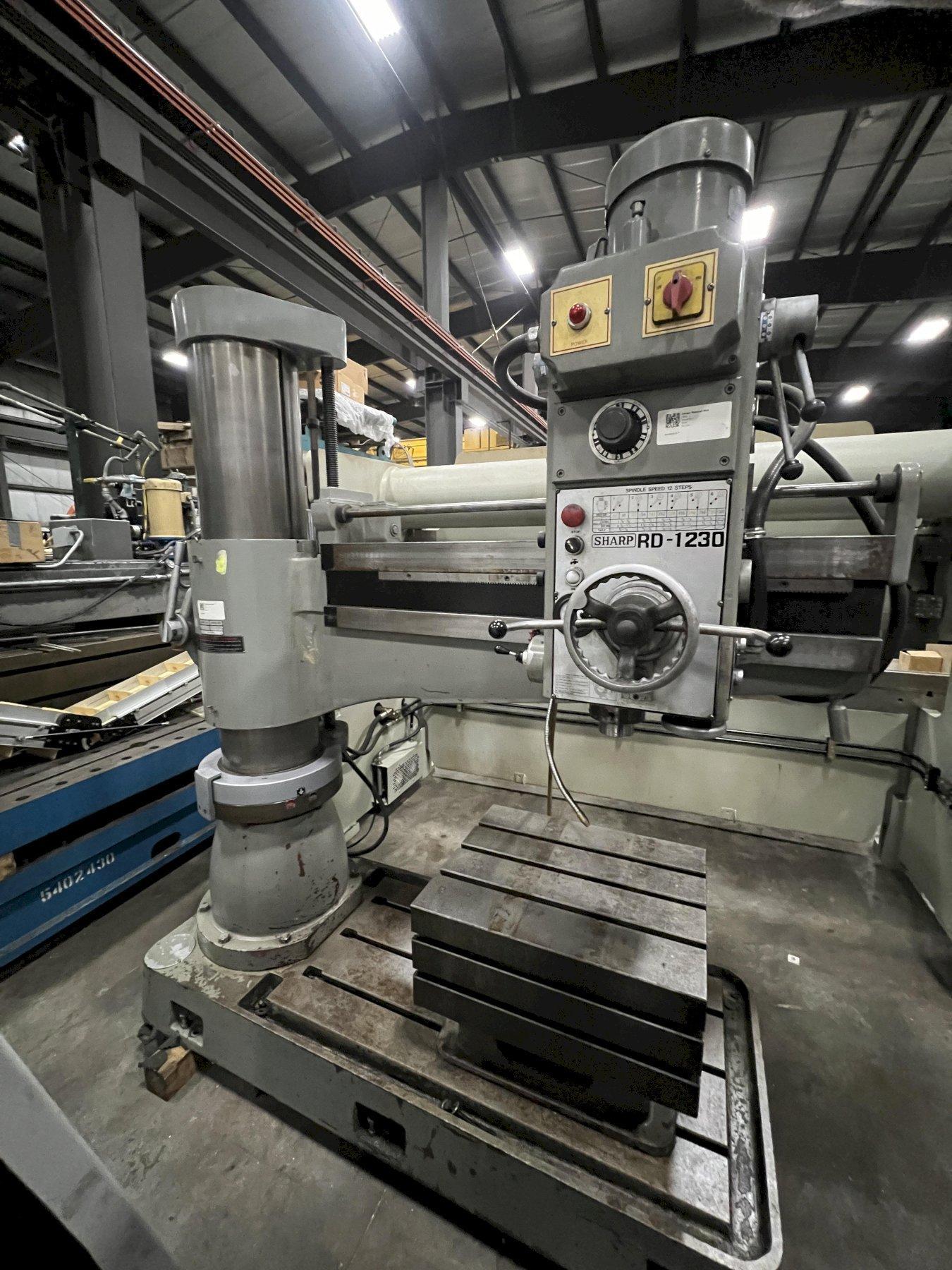 SHARP INDUSTRIES RADIAL ARM DRILL, MODEL RD-1230, 11" COLUMN DIA., 4' ARM, 2 HP