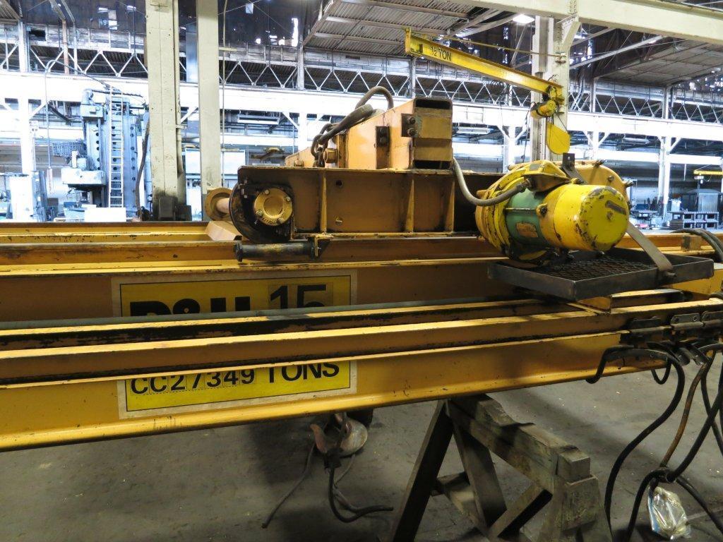 15 TON X 25' SPAN P&H DOUBLE GIRDER OVERHEAD BRIDGE CRANE. STOCK # 0315322