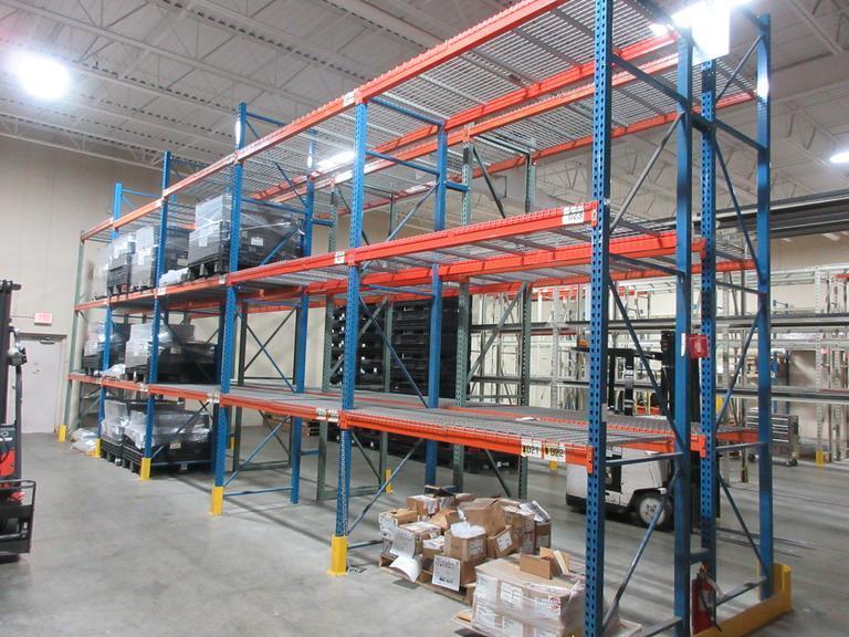 Pallet Racking Back to Back, Tear Drop Style (12) 14'x42" Uprights, (30) 8' Shelves with Wire Decking, *No Contents*- Auction Item