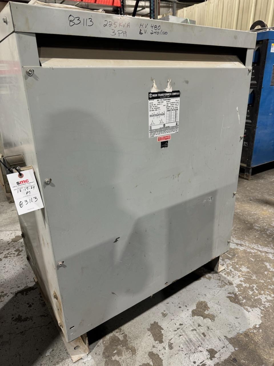(1) PREOWNED MGM 3 PHASE TRANSFORMER, MODEL #: HT225A3K2SH, S/N: 225DS-0804-4-9