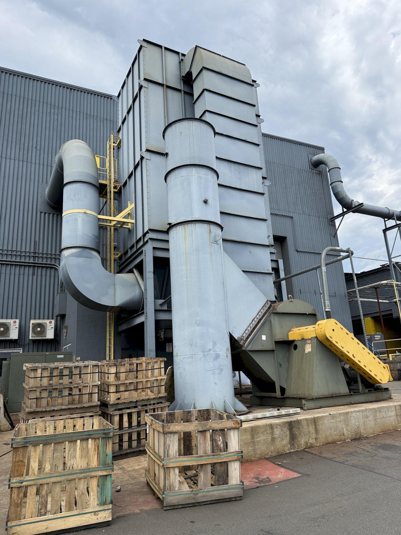 IVI model PA16x24x144 Top access pulse bag dust collector s/n 217354 with Worldwide 150 hp motor and 2008 New York blower model 49 ACF rated at 66,000 cfm, ACF/PLR class IV fan, screw conveyor dischar