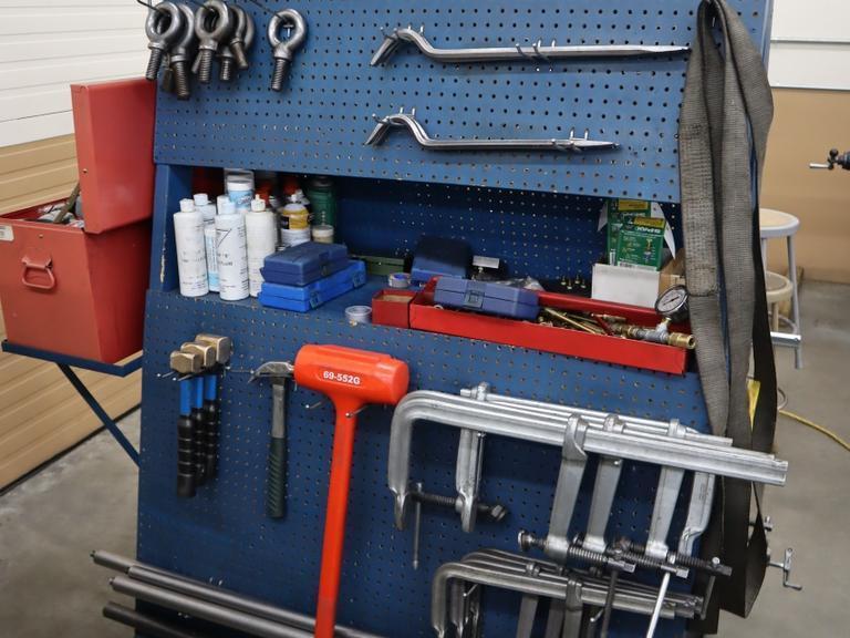 Portable Tool Rack with: Clamps, Hand Tools, Lifting Straps, Chains, Eye-Bolts, Hooks- Auction Item