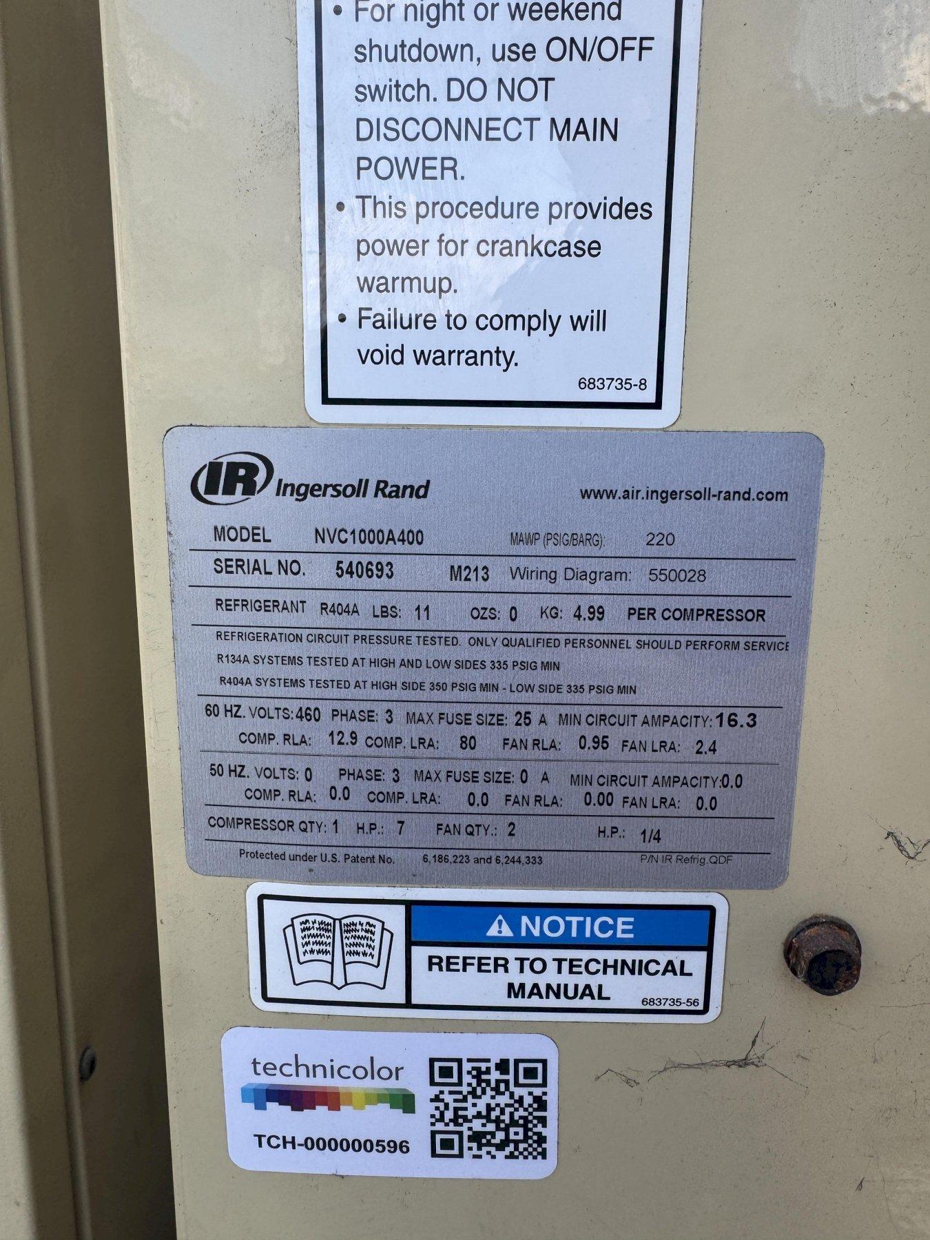 1,000 CFM INGERSOLL RAND NVC1000A400 REFRIGERATED COMPRESSED AIR DRYER. STOCK # 0888325
