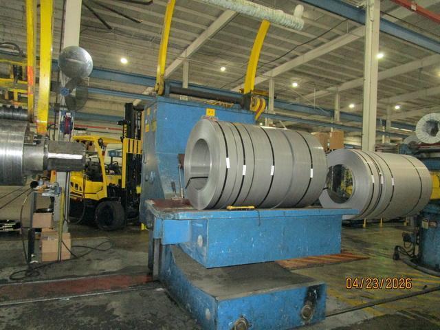 72" x .187" x 50,000# Chicago Triple Injector Head / Turret Recoiler Loop Slitting Line with Braner Banding Line