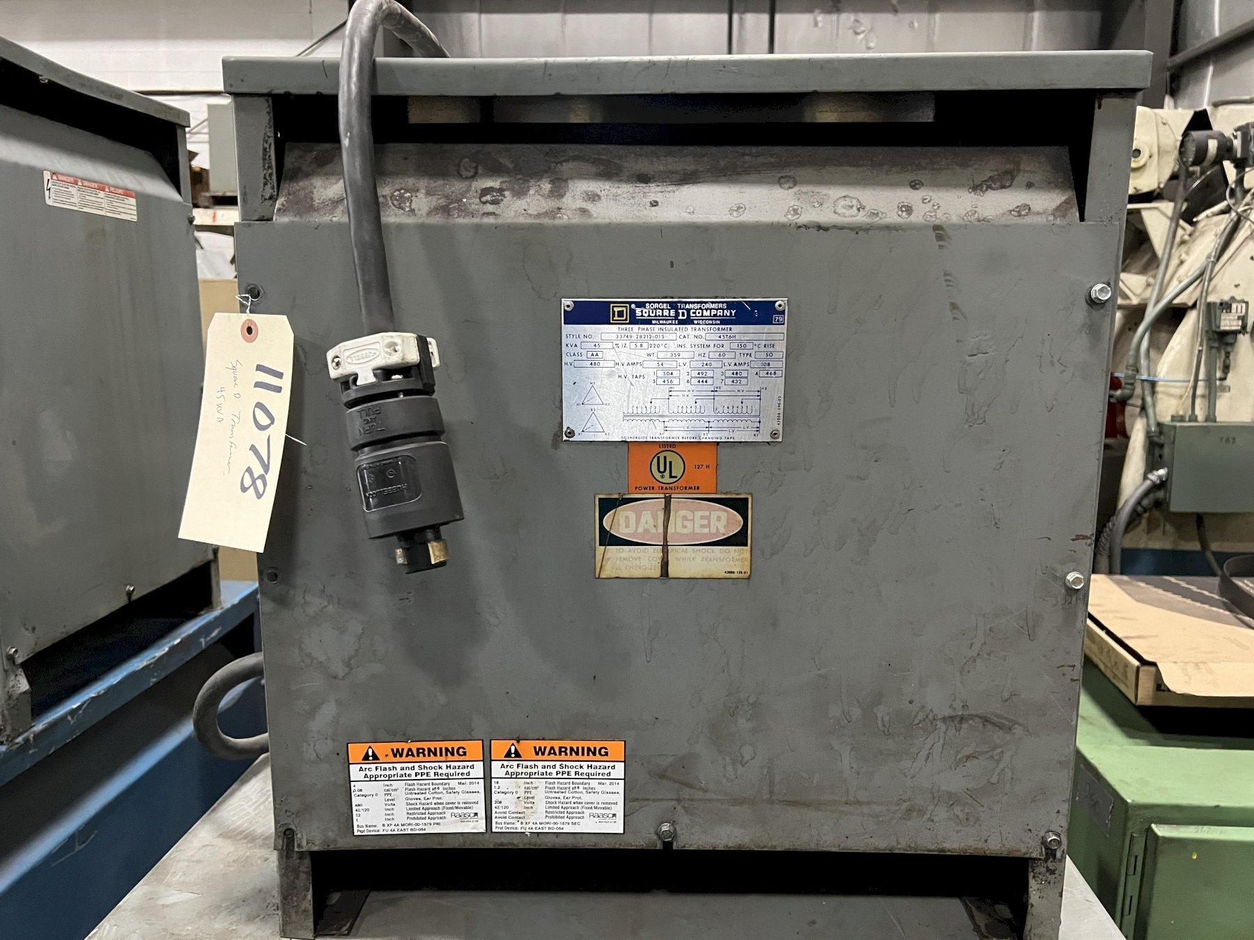 45 KVA TRANSFORMER, SORGEL SQUARE D, 480 HV, 240 LV