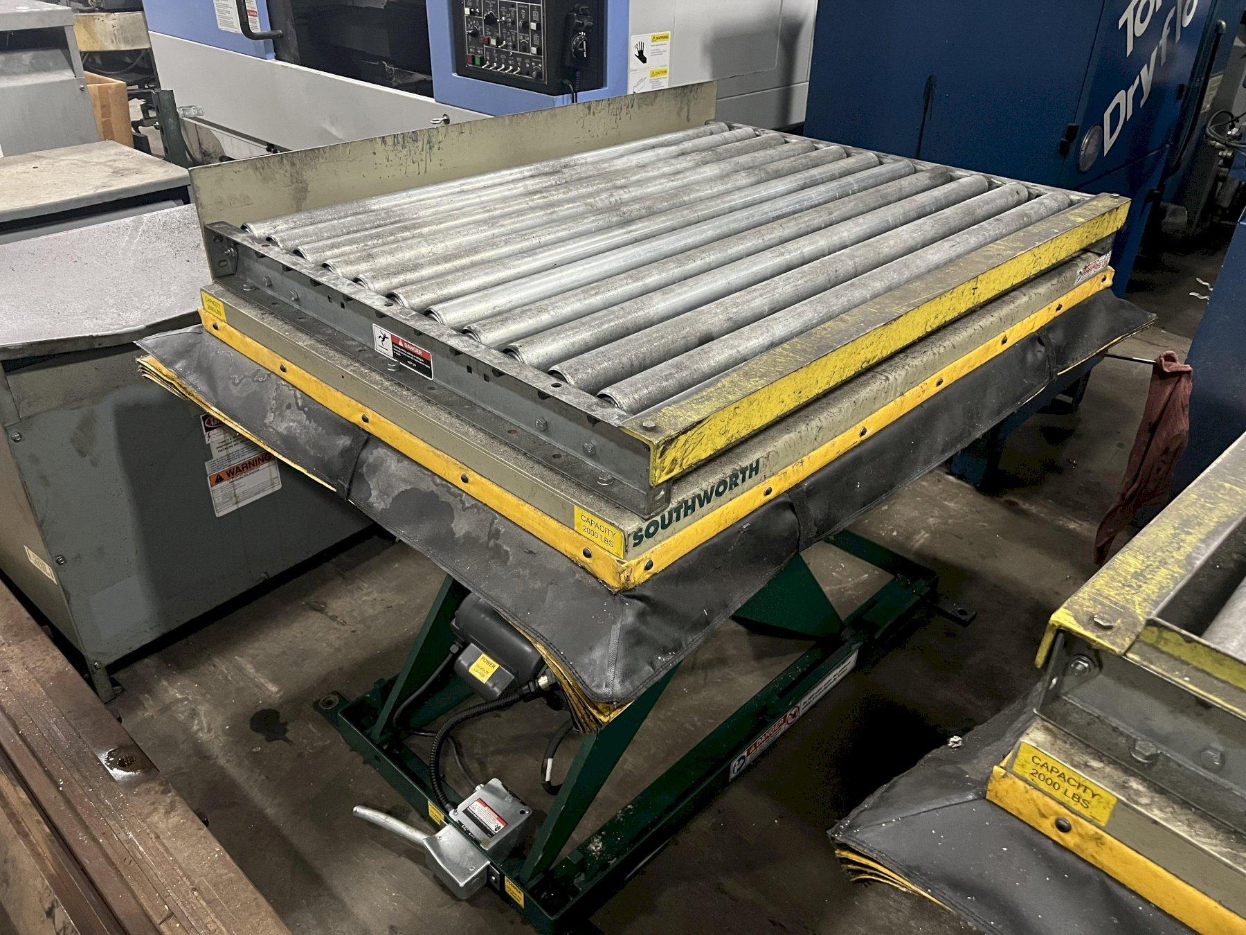 2,000 LB. SOUTHWORTH LIFT TABLE, MODEL LS2-36, 48 X 36 PLATFORM, GRAVITY CONVEYOR ROLL TOP