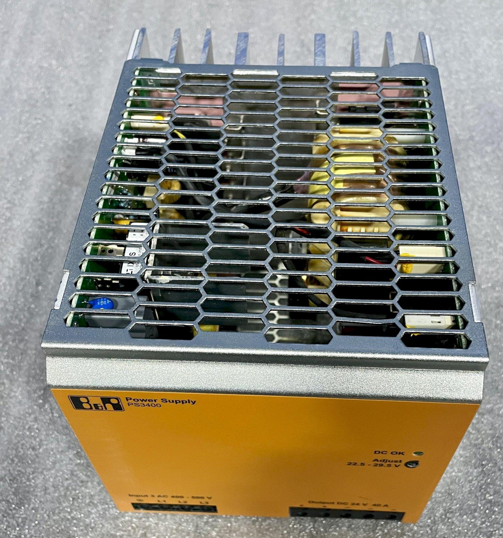 B&R AUTOMATION POWER SUPPLY PS3400, Mfr Number 0PS3400.1, 3-Phase, 24 VDC, 40A, input 400 to 500 VAC, wide range, top-hat rail installation.