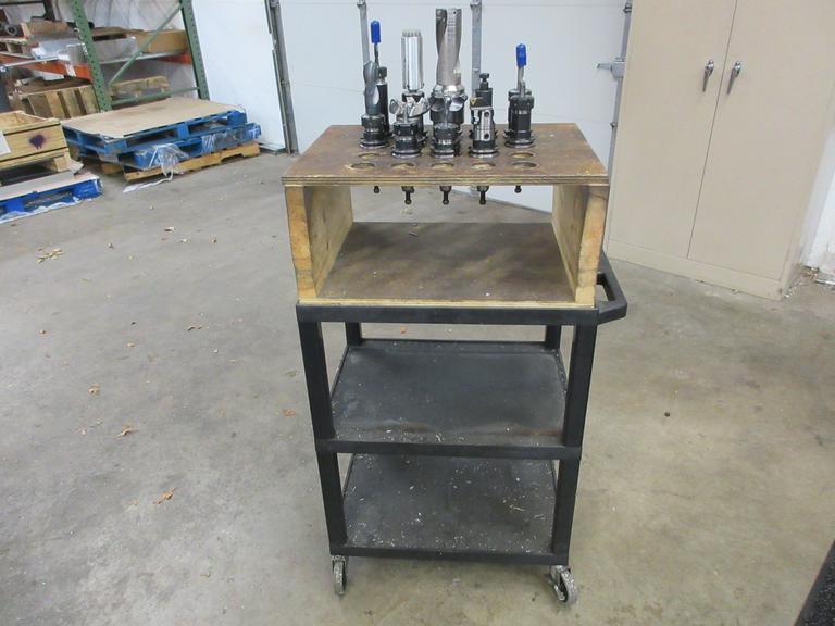 CAT40 Tool Holders (12) ER32 Collet, Shell Mill, in Wooden Rack Mounted on Uline Rolling Plastic Cart- Auction Item