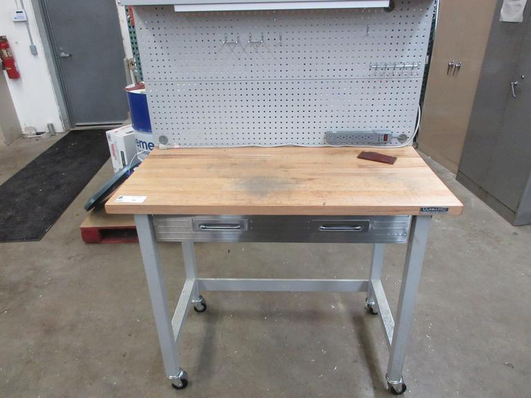 Portable Work Bench with Maple Top, Upper Shelf, Drawer, Work light- Auction Item