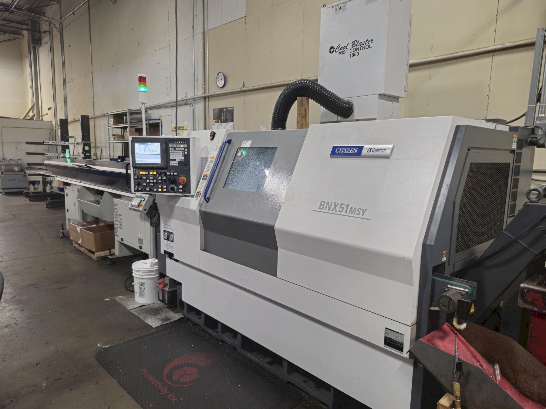 Citizen Miyano BNX-51MSY CNC Automatic Lathe, 7 Axis, 5000 RPM, 12 Pos. Turret, M70V Control, 20HP, High Pressure Coolant, Edge Tech-Patriot 551 Barfeed, New 2021