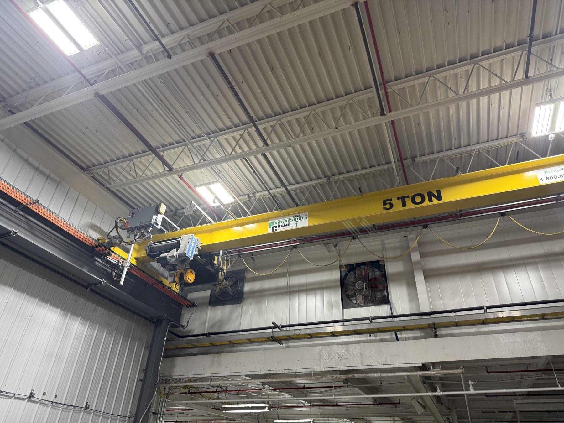 5 TON X 42' SPAN PROGRESSIVE CRANE/SHAWBOX OVERHEAD BRIDGE CRANE WITH 100' OF RUNWAY. STOCK # 0773025