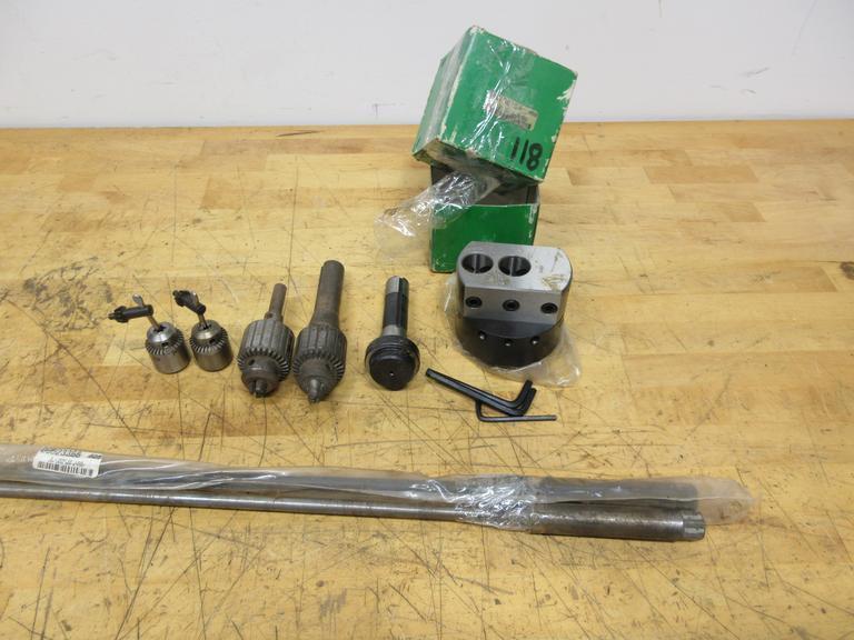 R8 Tool Holders, (1) Valu-Bore Offset Boring Head 4" x 1", (1) Jacobs #32 Keyed Chuck, (2) Bridgeport 2J Draw Bars *New and Used*,  (2) Jacobs 7B Keyed Chucks- Auction Item