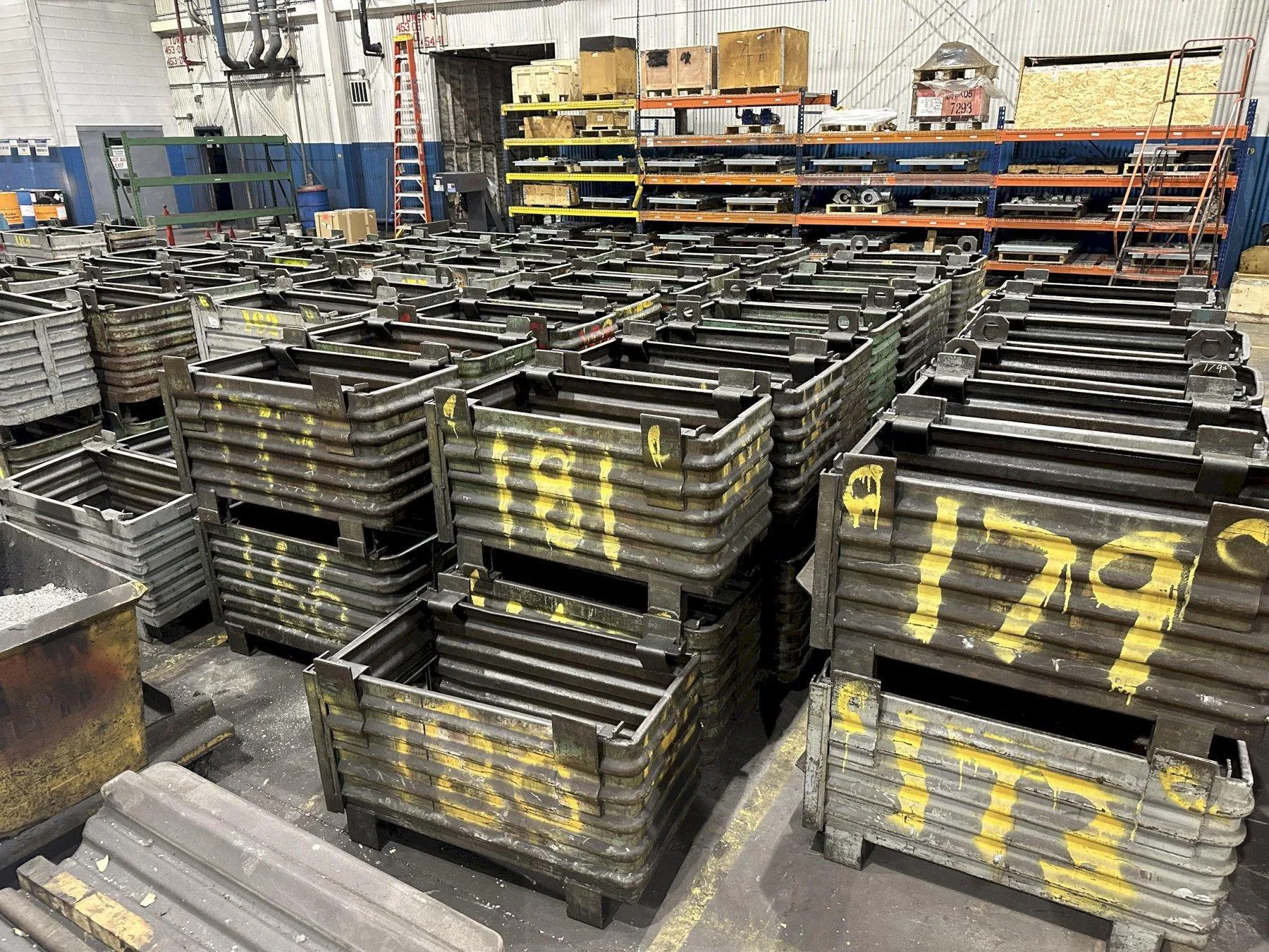 (120) 36” x 18” x 18” STEEL STACKABLE PARTS BIN CONTAINER WITH DUMP DOOR: YOBRO #25062