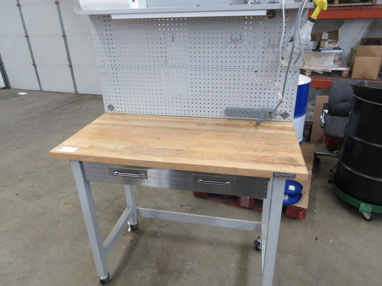 Portable Work Bench with Maple Top, Upper Shelf, Drawer, Work light- Auction Item