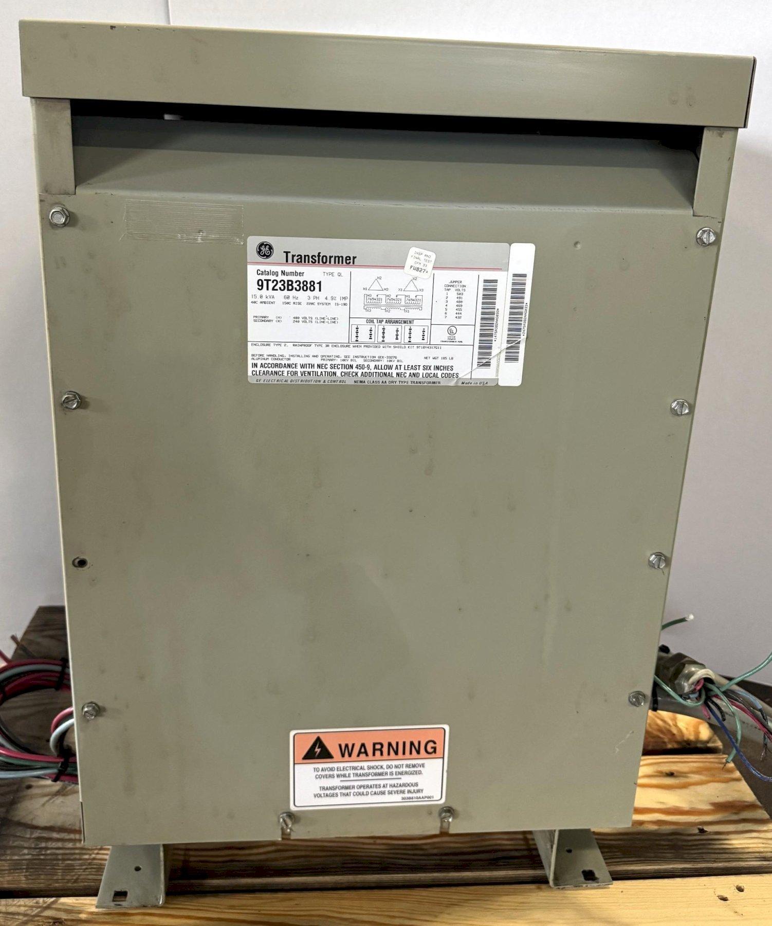 15 KVA General Electric Transformer, 480 Primary, 240 Secondary, 3 Phase