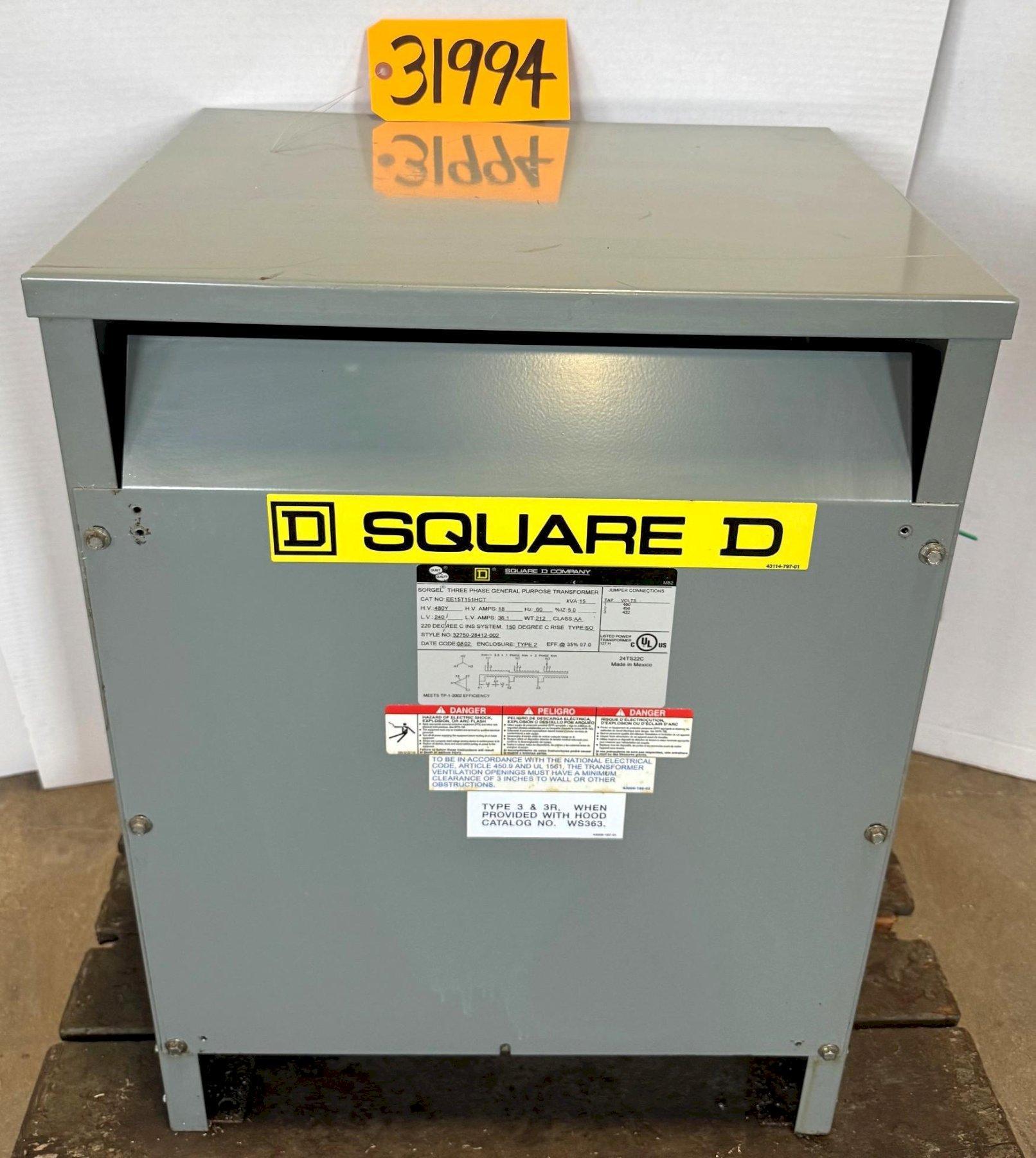 15 KVA Square D Transformer Cat. No. EE15T151HCT, HV 480, LV 240, 3 Phase