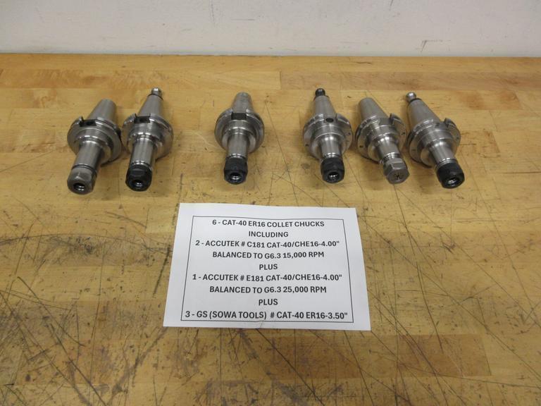 CAT40 ER16 Collet Type Tool Holders (6pcs), (2) Accutek 4" Gage Length Balanced to 15000 RPM, (3) GS (Sowa) 3.5" Gage Lenght, (1) Accutek 4" Gage Balanced 25000 RPM- Auction Item