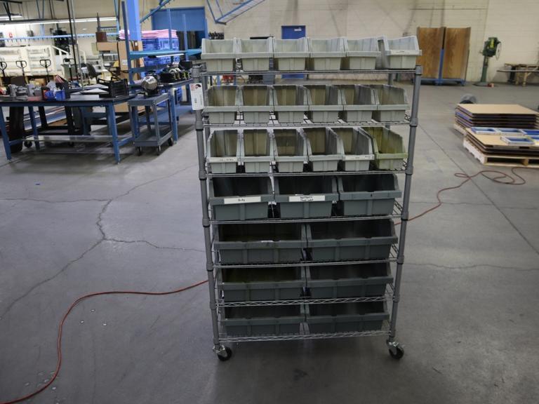 Rolling Wire Rack, (7) Shelves with Plastic Bins 36"x14"x55"- Auction Item
