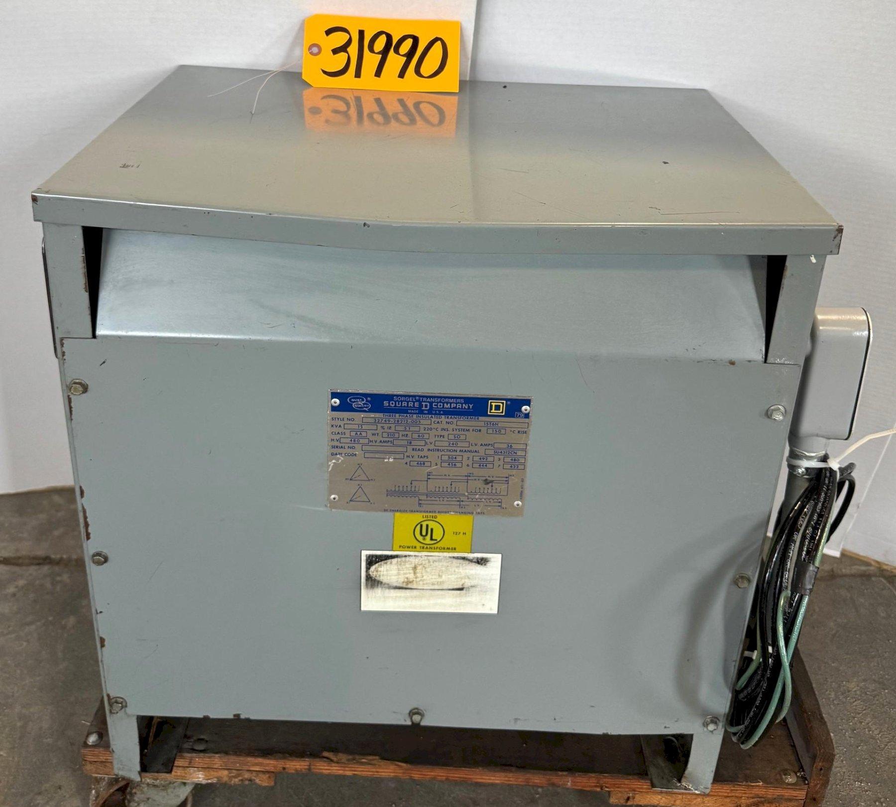 15 KVA Square D Transformer Cat. No. 15T6H, HV 480, LV 240, 3 Phase