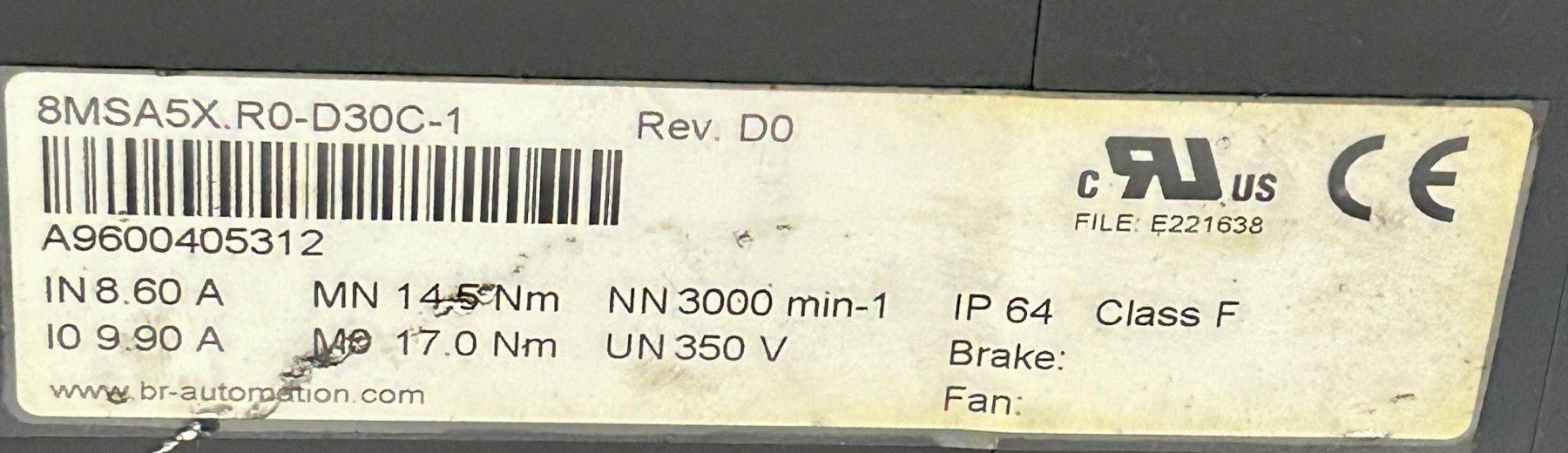 B&R SERVO MOTOR 8MSA5X.R0-D30C-1, 3000 RPM, Self-Cooling, Size 5, Extra Large Rated Torque, 3-Phase Synchronous.