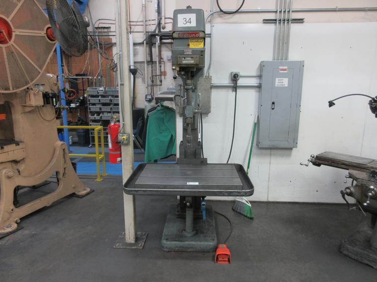 Edlund Model 2F15 30" Floor Model Drill Press, 15" Throat, 6" Hand Quill Feed, 38"x24.5" Adjustable Height Work Table with Oil Gutters, Variable Spindle Speeds 100-2400 RPM, 2HP Drive Motor, Remote Foot Jog- Auction Item