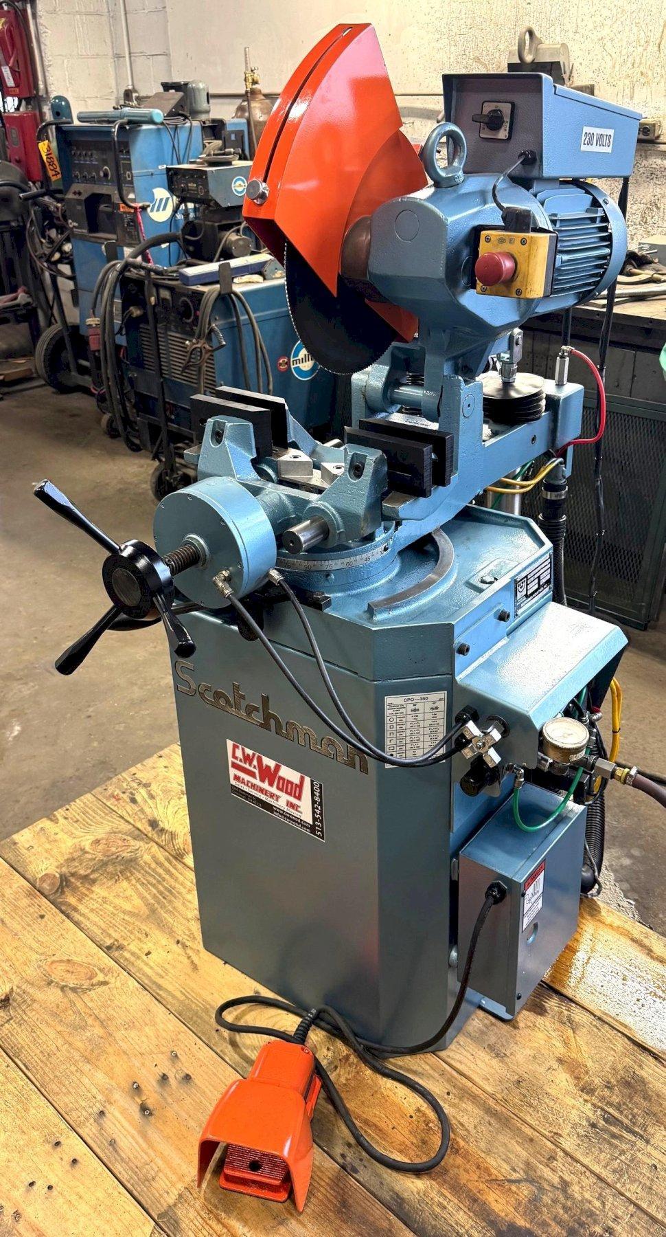 14" Scotchman Cold Saw 350LT/PK/PD, Miter, 2" Solid Rounds, Air Vise, PDF, Reconditioned