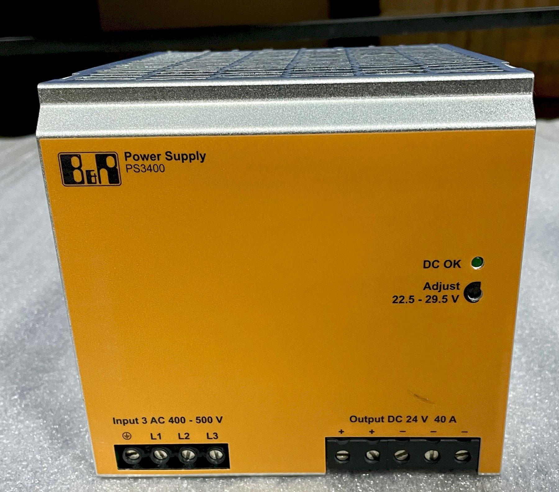 B&R AUTOMATION POWER SUPPLY PS3400, Mfr Number 0PS3400.1, 3-Phase, 24 VDC, 40A, input 400 to 500 VAC, wide range, top-hat rail installation.