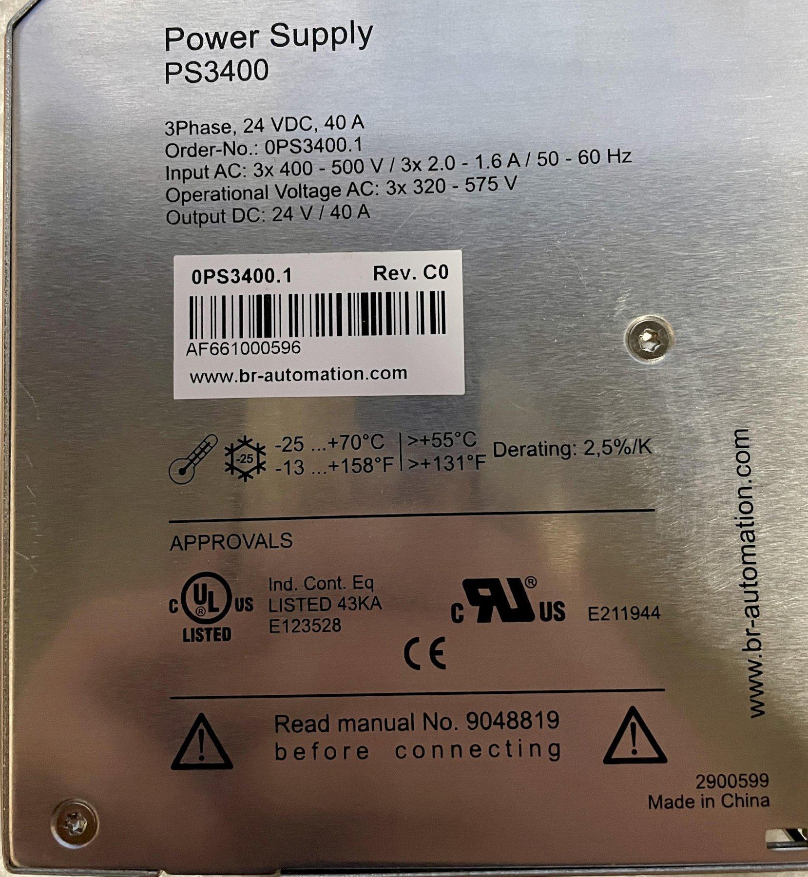 B&R AUTOMATION POWER SUPPLY PS3400, Mfr Number 0PS3400.1, 3-Phase, 24 VDC, 40A, input 400 to 500 VAC, wide range, top-hat rail installation.