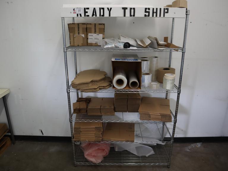 Wire Shelf Unit with 6 Adjustable Shelves, and Contents of Shipping Supplies, Boxes, Shrink Wrap, Corner Protectors and Tape- Auction Item