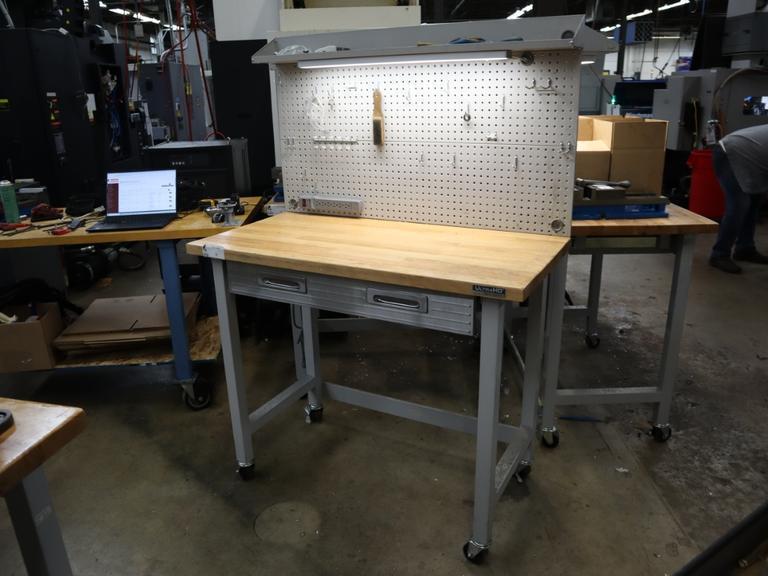 Portable Work Bench with Maple Top, Upper Shelf, Drawer, Work lighy- Auction Item