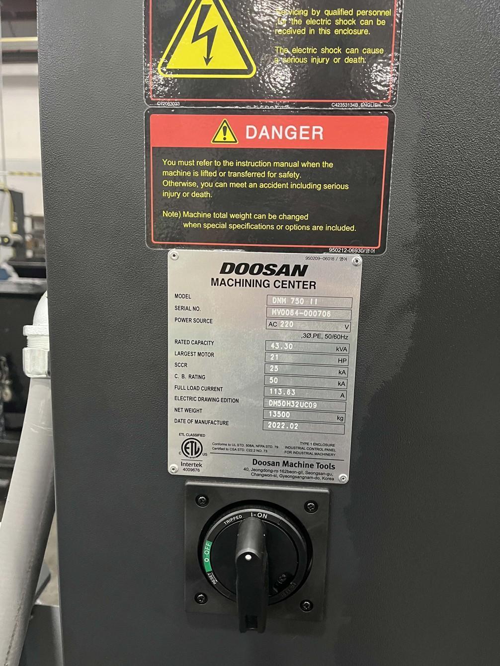 Doosan DNM750-II Vertical Machining Center w/ Fanuc I Series Plus Control, Lyndex Nikken CNC260LFA-M Rotary Table w/ Tailstock, LNS Turbo Magnetic Chip Conveyor, Through Spindle Coolant (290 PSI), Royal Filter Master FX1200 Mist Collector, Hydcool Chiller, OMI-2T Renishaw Auto-Work Piece Measurement, Renishaw Probe, Doosan Tool Load Monitoring, AI Contour Control (AICC) 200 Blocks, Embedded Ethernet, Transformer