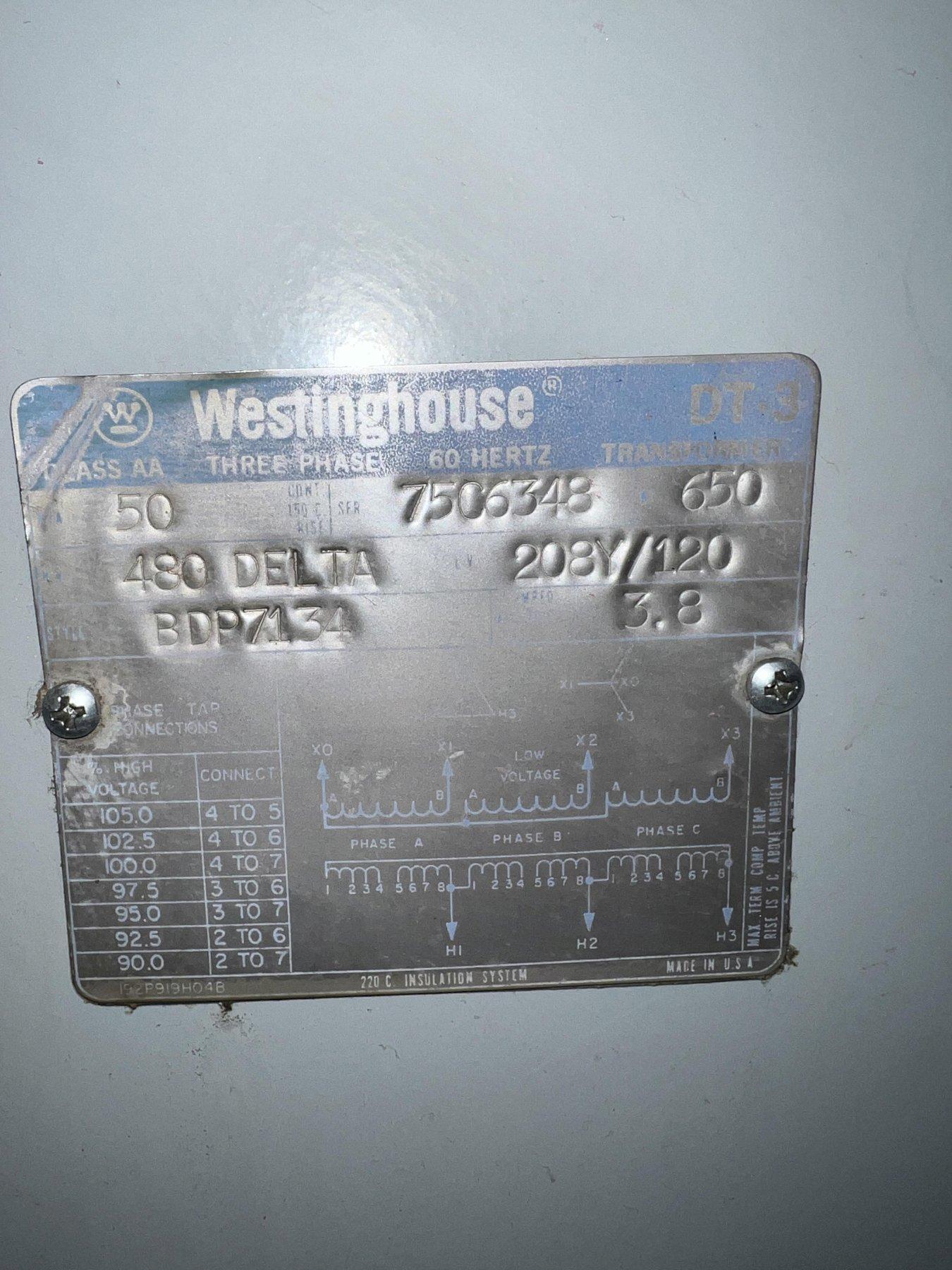 50 KVA WESTINGHOUSE THREE PHASE TRANSFORMER 480 HV - 208Y 120 LV.
