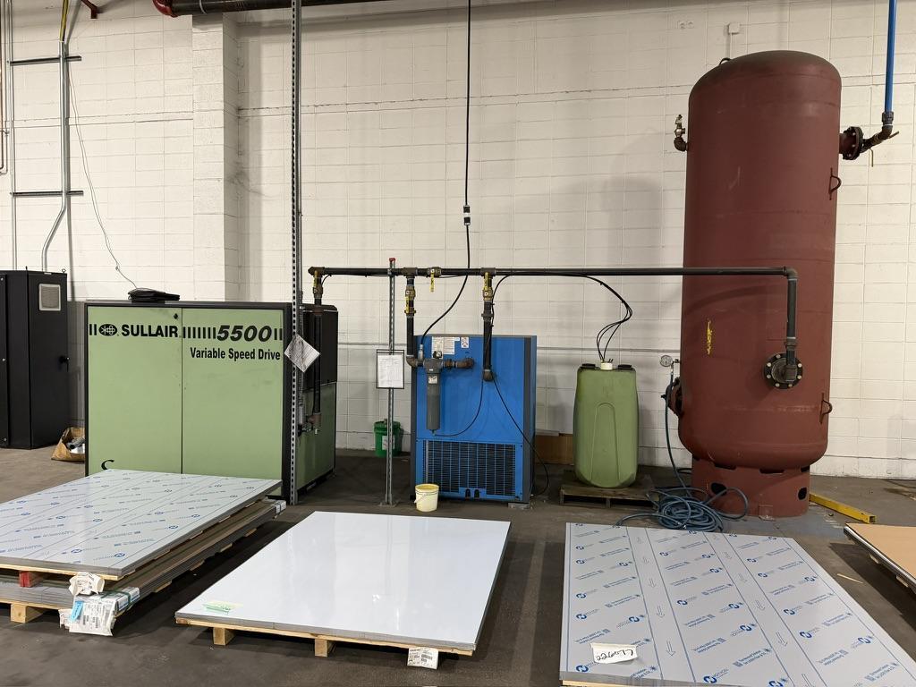 Complete Air System consisting of a Sullair 2013 75 hp Model 5500 Variable Speed Drive Rotary Screw Compressor, SPXFLOW Hankison Model HES675 Dryer, and a Silvan Industries 1040 gallon at 150 PSI Accu