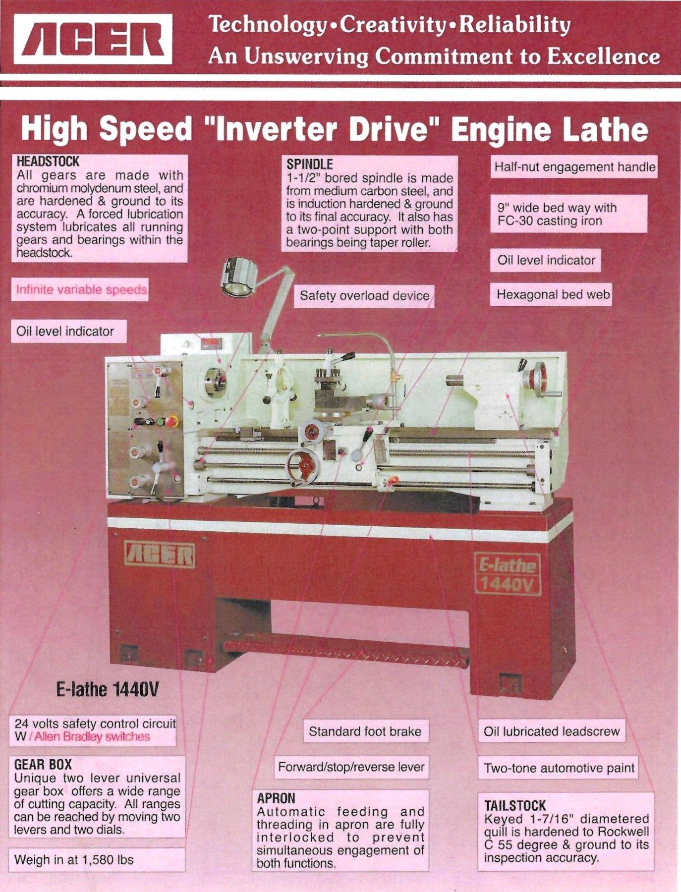 Acer E-Lathe 1440V High Speed "Inverter Drive" Engine Lathe, SN N16050191.