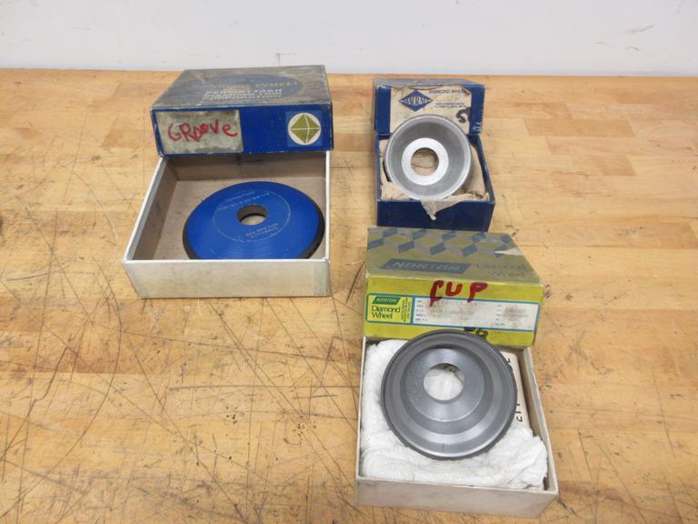 Diamond Tool Grinding Wheels | (1ea) Norton & Diacraft Cup Wheels 3-1/4" x 1-1/2" x 1-1/4",  (1) Permattach Groove Wheel 6" x 3/4" x 1-1/4"- Auction Item