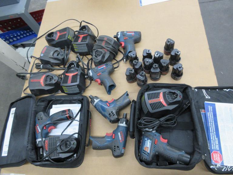 Bosch 1/4" Impact Driver PS21 (6), with 12V lithium Ion Batteries (14) and Chargers (8)- Auction Item