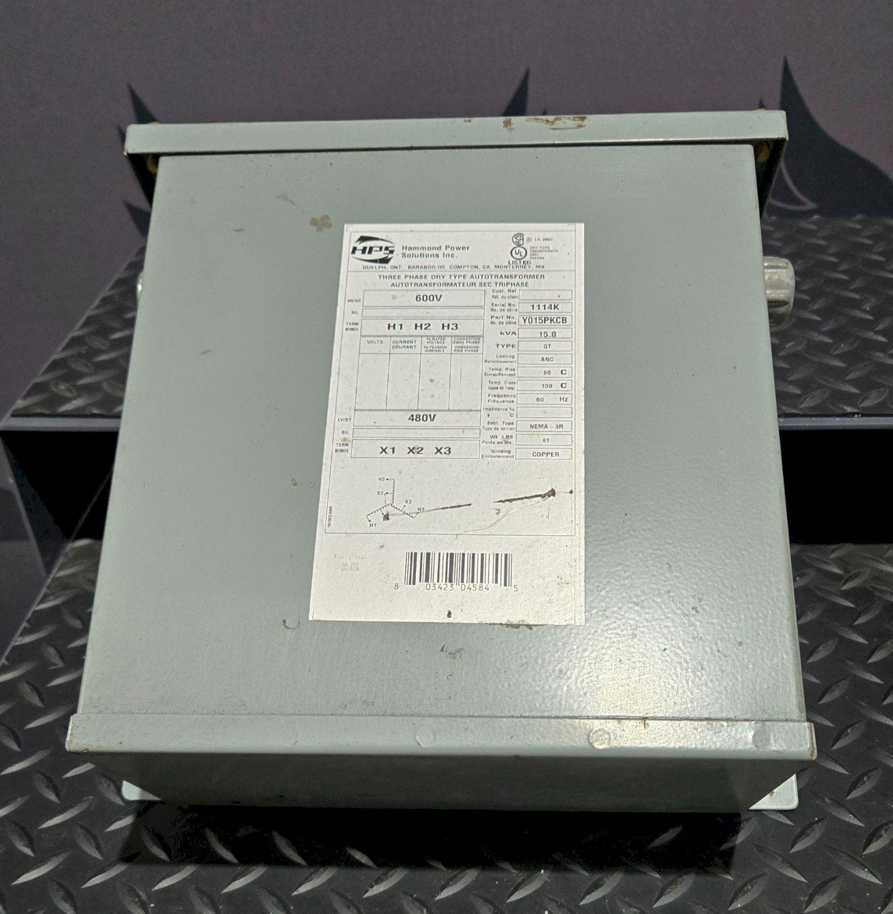 HAMMOND POWER SOLUTIONS Y015PKCB Transformer 600V – 480V, 15 kVa, 3PH USED