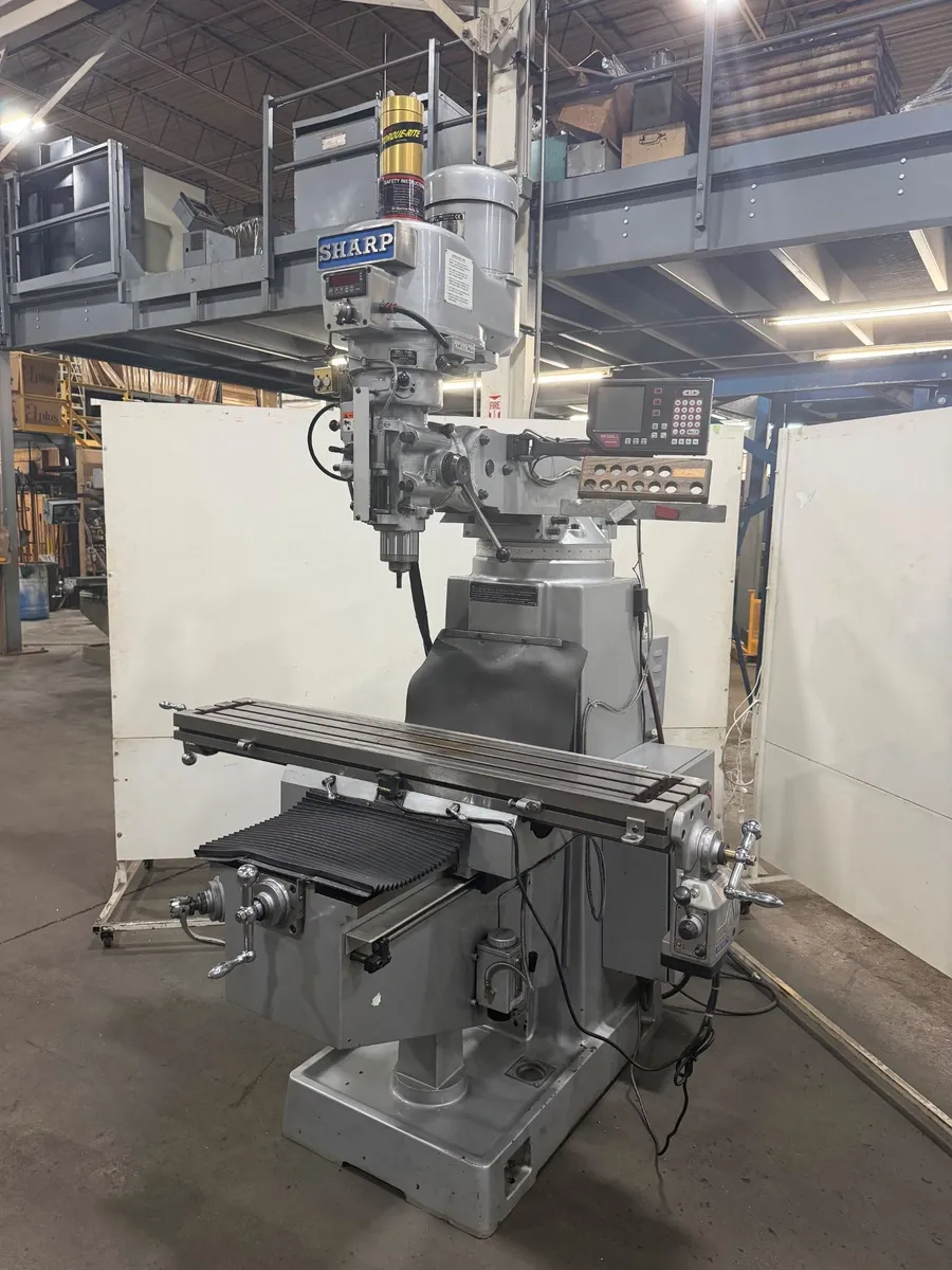 USED SHARP 10" X 54" HEAVY-DUTY KNEE MILL MODEL TMV-K-N WITH 3-AXIS READOUT