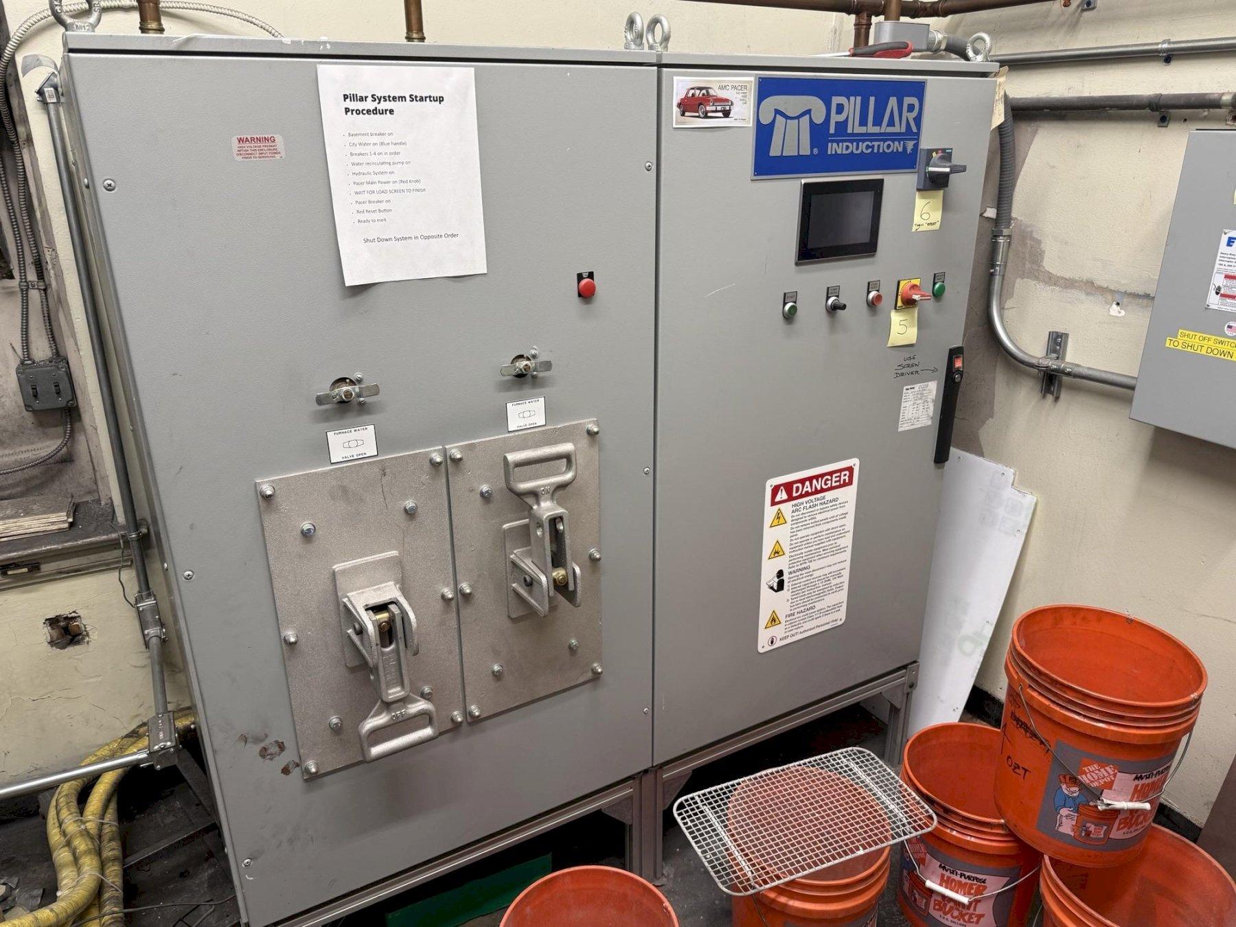 2021 Ajax Tocco pacer T 50kw induction melting power supply rated at 10 khz., model M-20-101297-11, s/n 40-1131with Pillar #8 drop coil furnace and stand, 100# hydraulic tilting box furnace, hydraulic