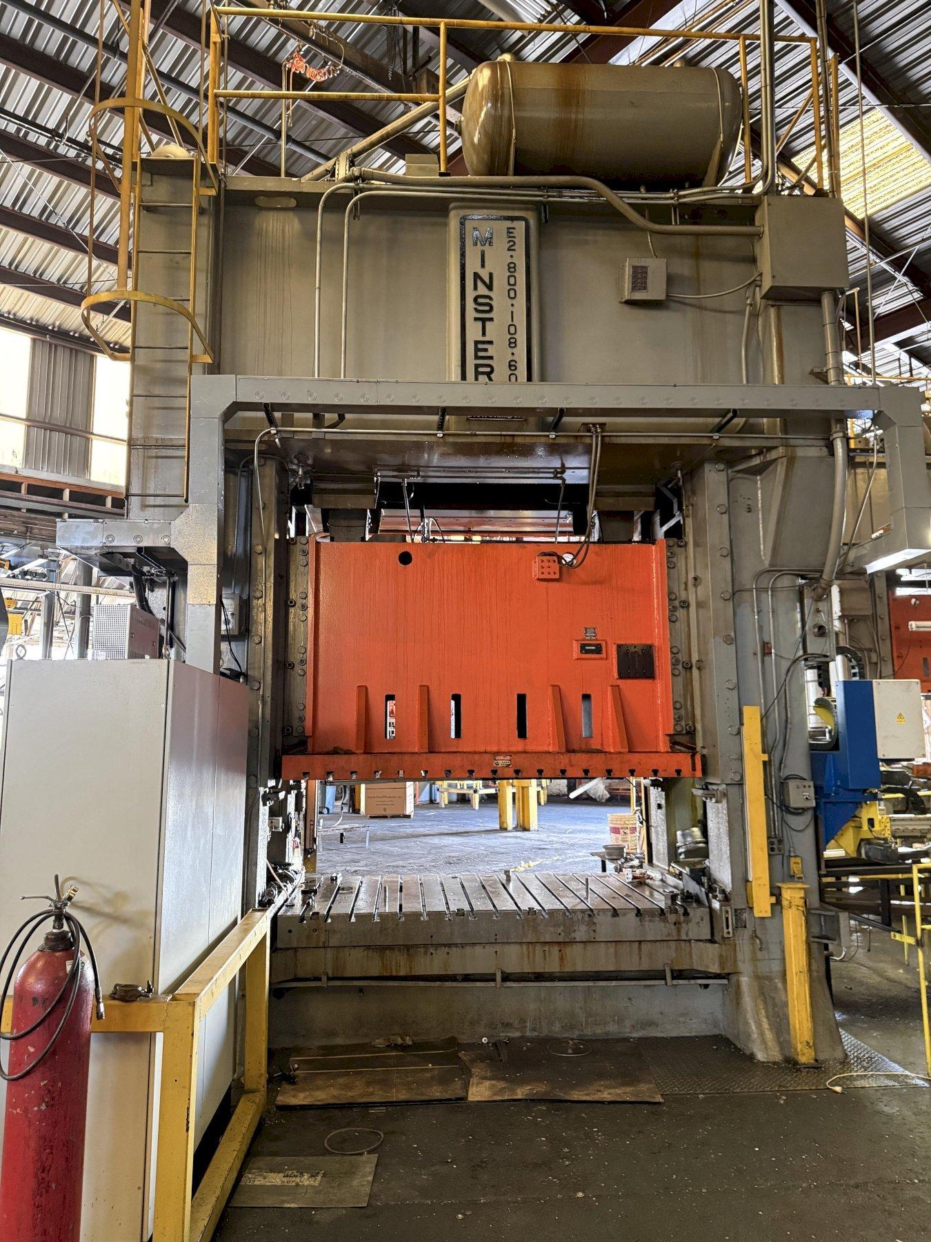 800 TON MINSTER E2-800-108-60 HEAVI-STAMPER STRAIGHT SIDE DOUBLE CRANK PRESS. STOCK #0430926