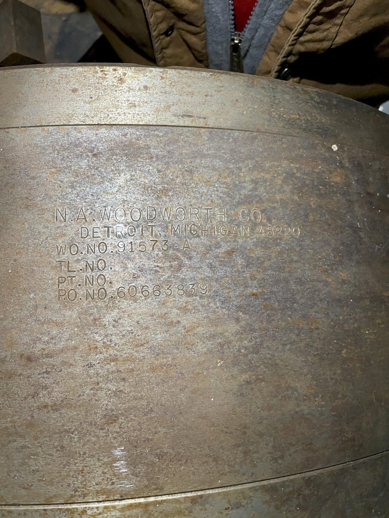 29" WOODWORTH 2-JAW SPECIAL CLAMPING FIXTURE with 2-Set Hydraulic Clamping Jaws, New 1983. From a Cincinnati Milacron 282 NC Chucker.